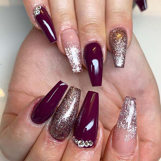 Burgundy and Gold Glitter Nails