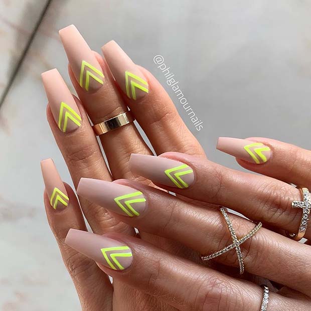 Nude and Neon Coffin Nails