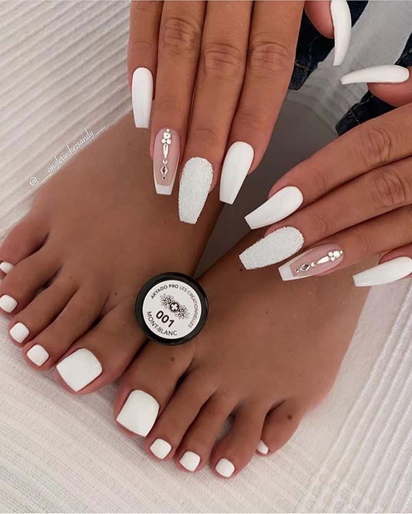 White Coffin Nails with Clear Accent Nail