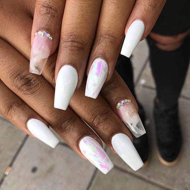 White Nails with a Glass Design