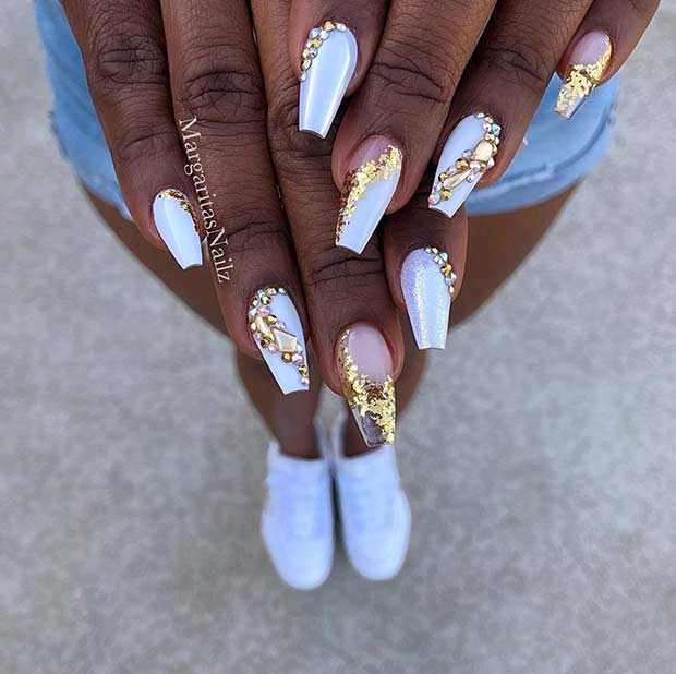 White Coffin Nails with Gold Foils 