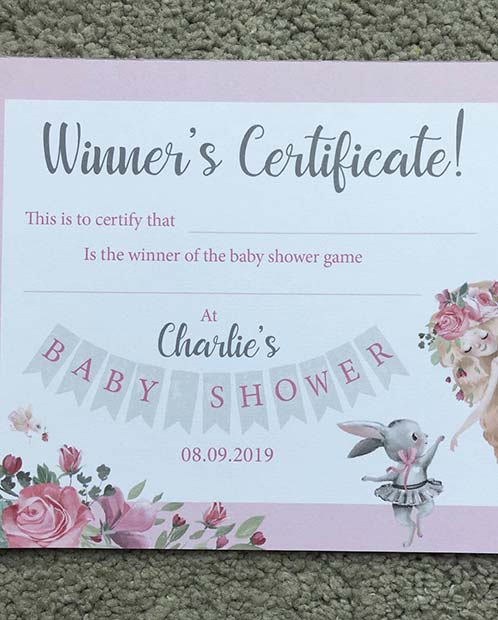 Winner's Certificate for Baby Shower Games