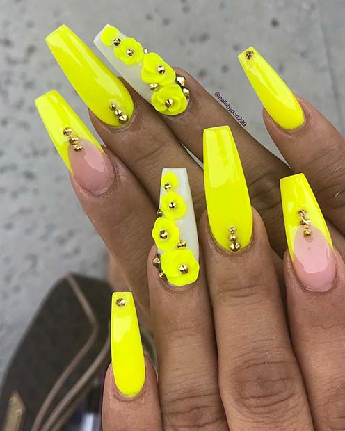 Neon Yellow Floral Nails