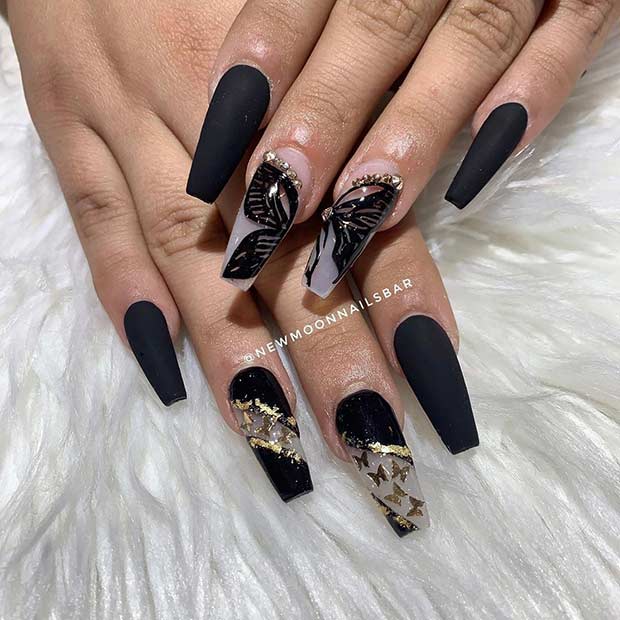 Black Coffin Nails with Butterflies