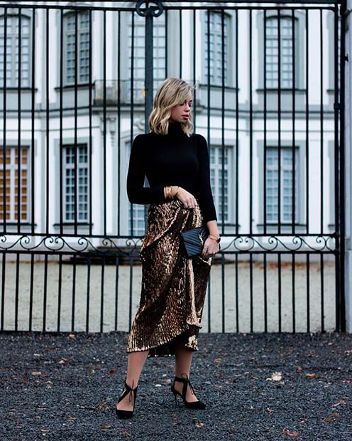 Black Sweater with a Gold Skirt