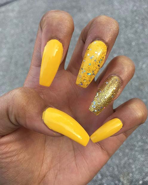 Yellow and Gold Glitter Nails