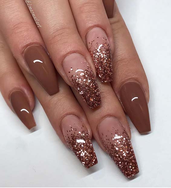 Brown Nails with Glitter Ombre Accent Nails