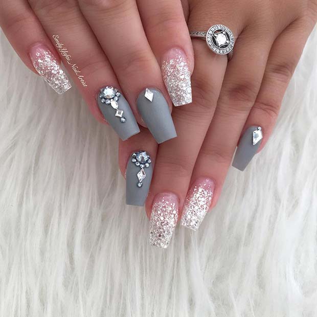 Matte Grey and Silver Glitter Nails