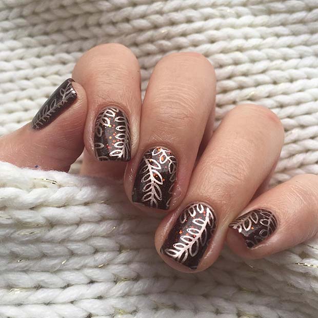 Chic Thanksgiving Nail Design with Silver Leaves