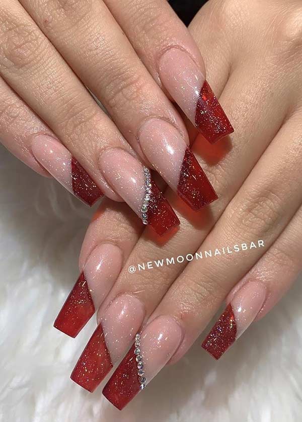 Clear Red Coffin Nail Design