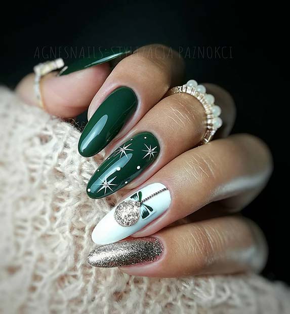 Festive Green Nails with a Bauble and Gold Glitter