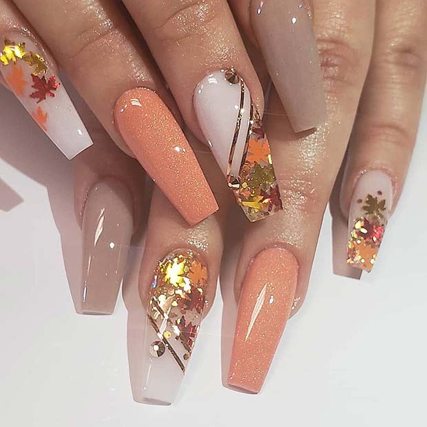 Glitter and Fall Leaves Coffin Nails