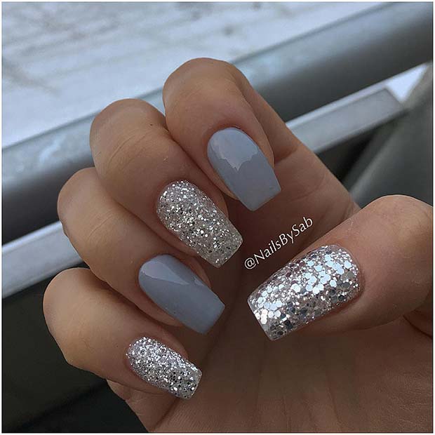 Simple Grey and Glitter Nails