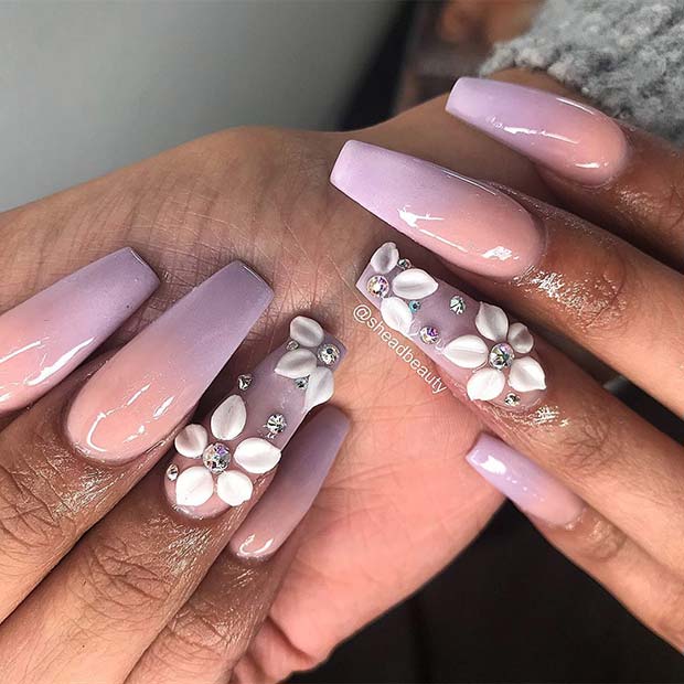 Light Purple Ombre Nails with Flowers