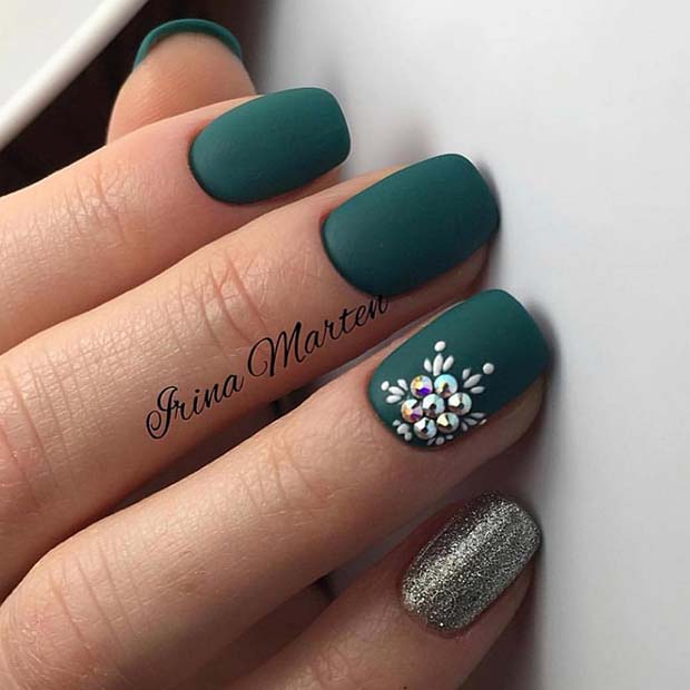 Matte Green Nails with an Elegant Accent Nail