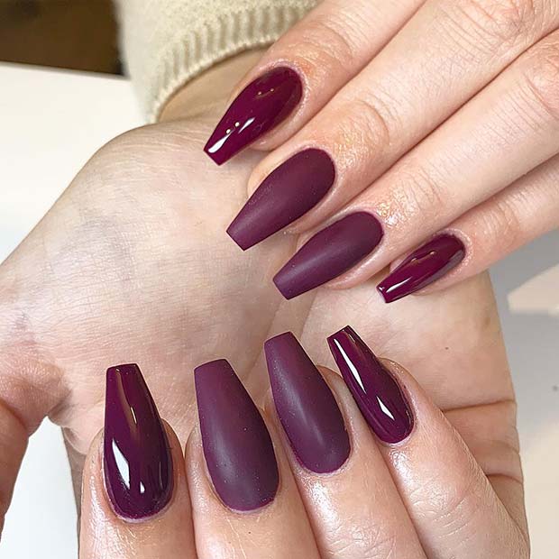 Matte and Glossy Burgundy Nails