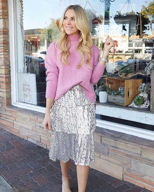 Pink Sweater and Silver Skirt