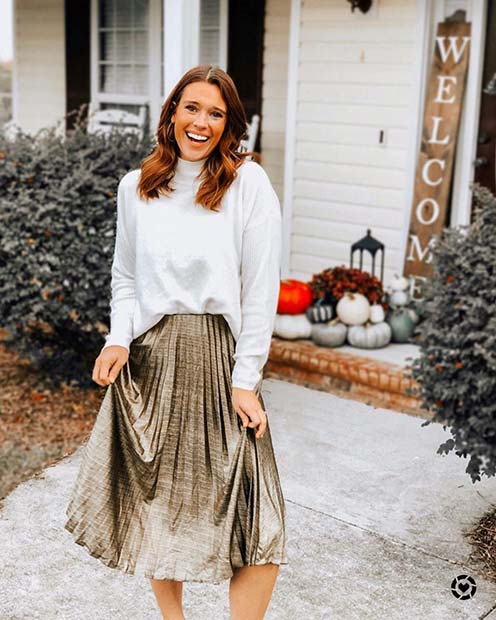 Pleated Skirt and White Sweater