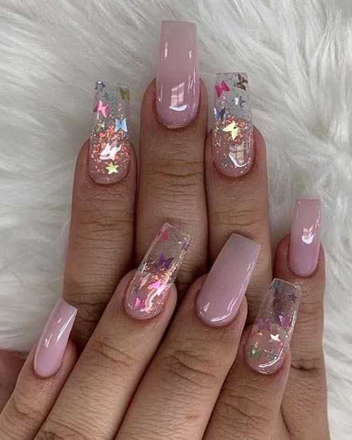 Pretty Pink Nails with Butterflies
