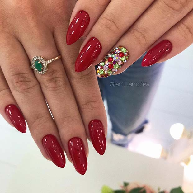 Red Holiday Nails with Rhinestones 