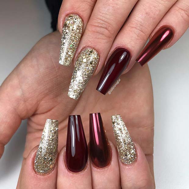 Rich Red and Gold Glitter Coffin Nails