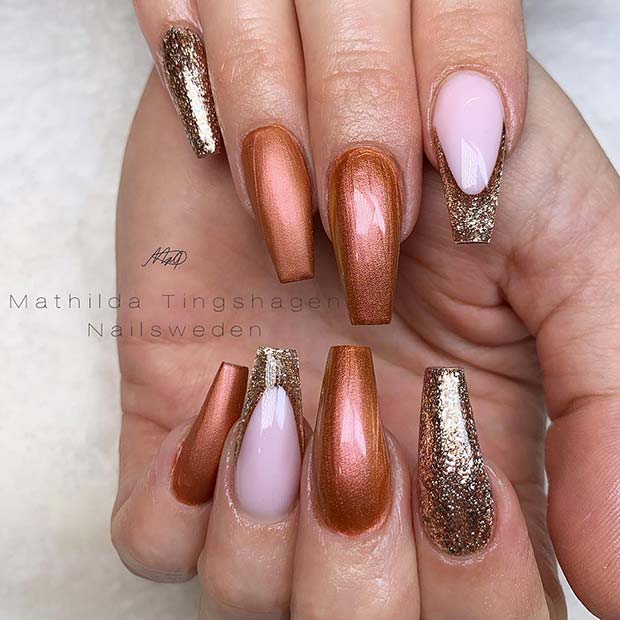 Rust and Gold Glitter Nail Design