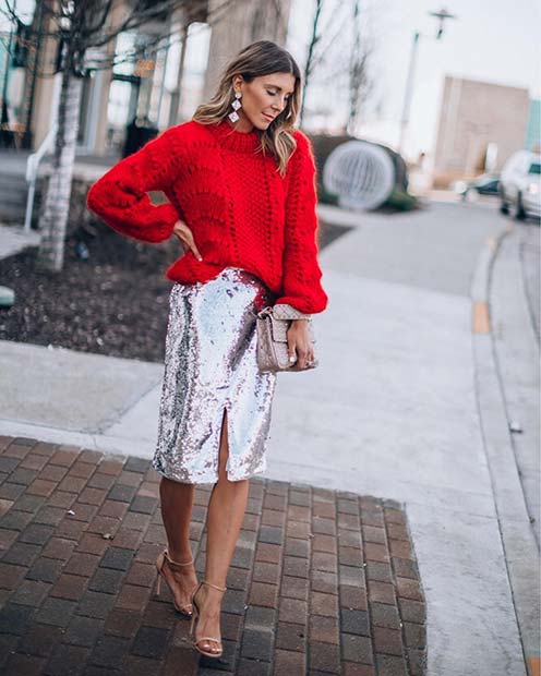 Sequin Skirt and Festive Red Sweater