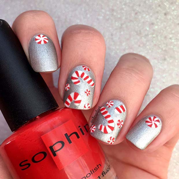 Silver Nails with Candy Canes and Peppermints