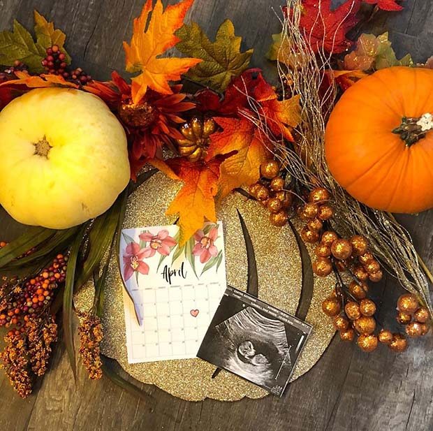 Thanksgiving Pregnancy Announcement with Pumpkins and the Scan Photo
