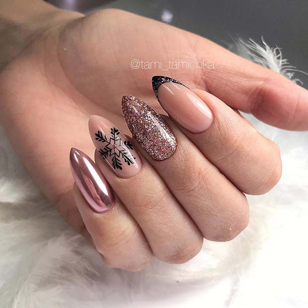 Wintry Nails with Pink Glitter and Chrome