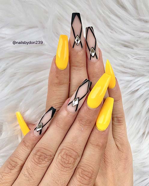 Yellow Nails with Elegant Nude and Black Accent Nails