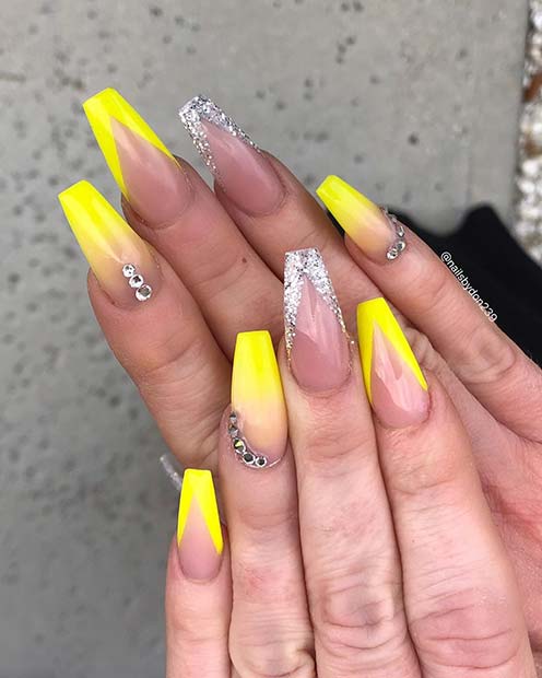 Yellow Nails with Glitter and Rhinestones