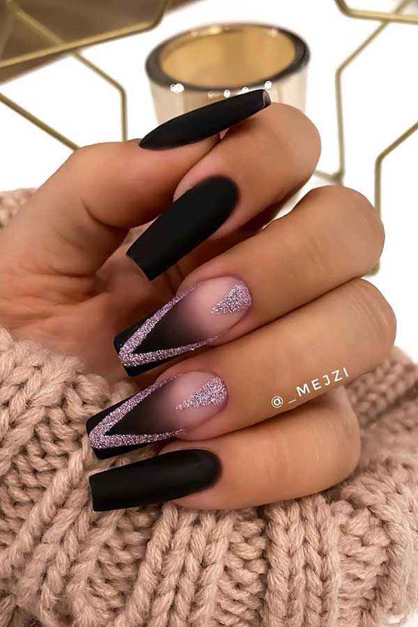 Long Round Nails With Black Matte Gel Polish And Gold Design Manicure On  Womens Hands With Gel Coating Design With Shiny Gold Flakes On The Nails  Stock Photo - Download Image Now -