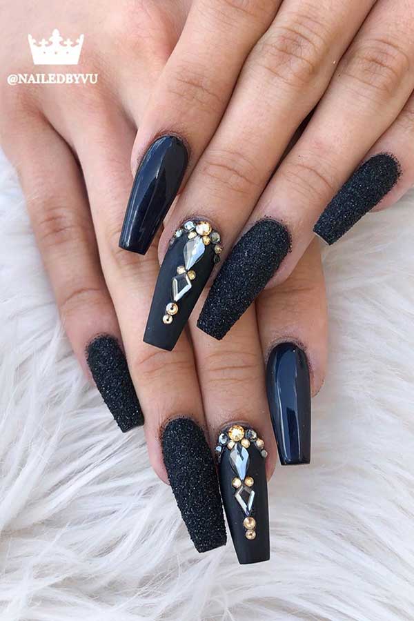Black Nails with Rhinestones