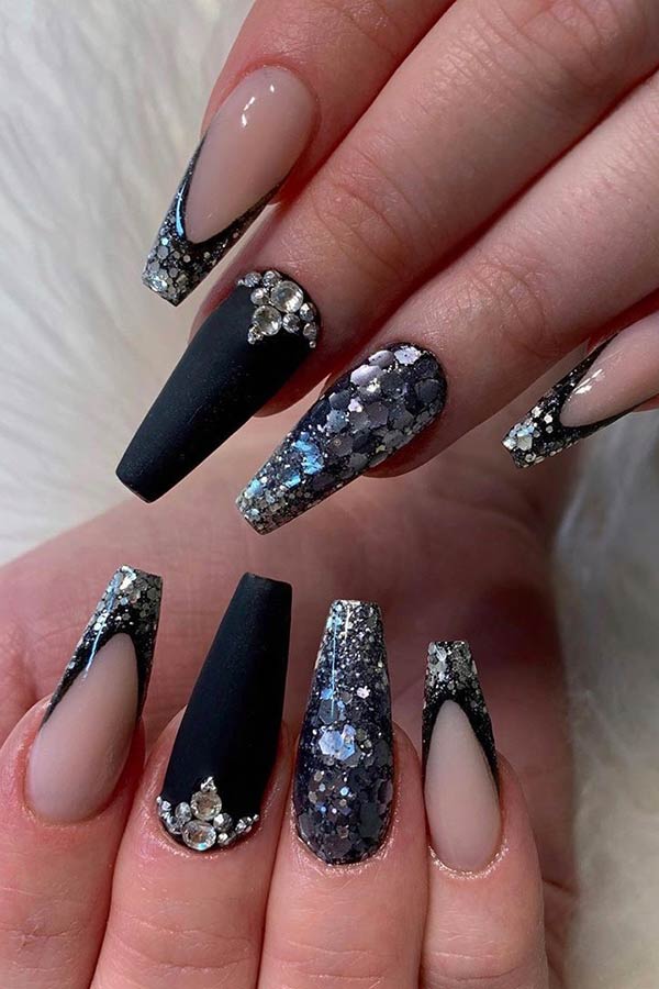 Black Nails with Silver Glitter