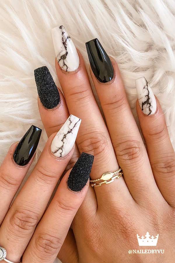 Black Nails with White Marble Design