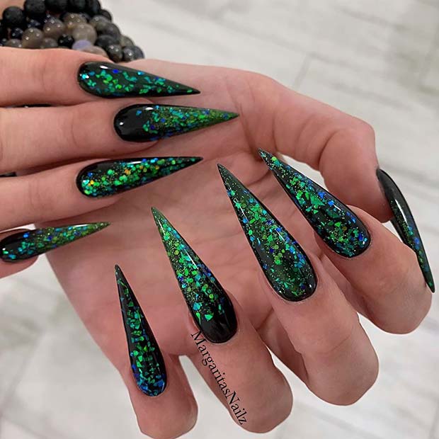Black Pointy Nails with Green and Blue Sparkle