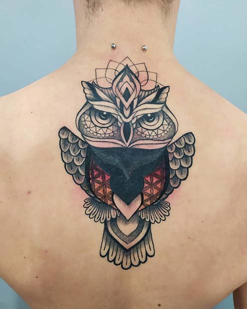 Bold Owl Back Tattoo
