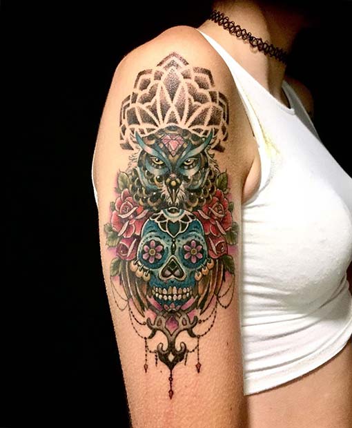 Bold Owl and Skull Tattoo