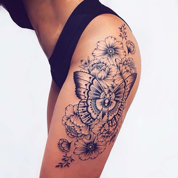 Butterfly Thigh Tattoo with Flowers