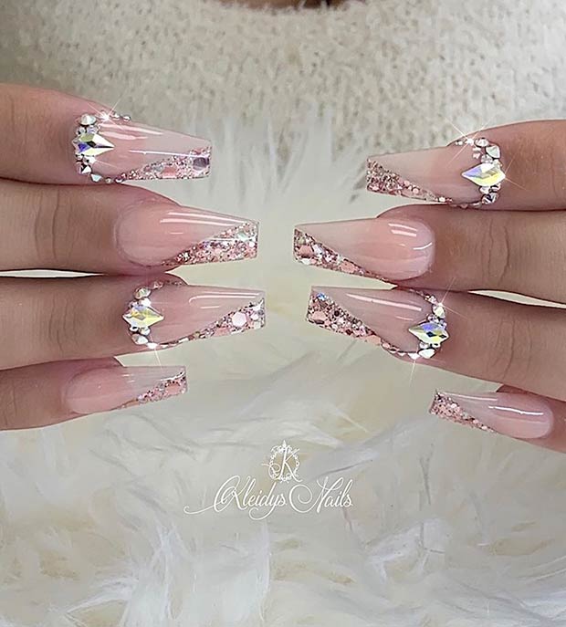 Coffin Nails with Glitter and Rhinestones