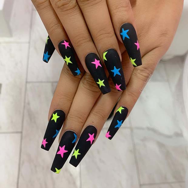 Cute Coffin Nails with Colorful Stars