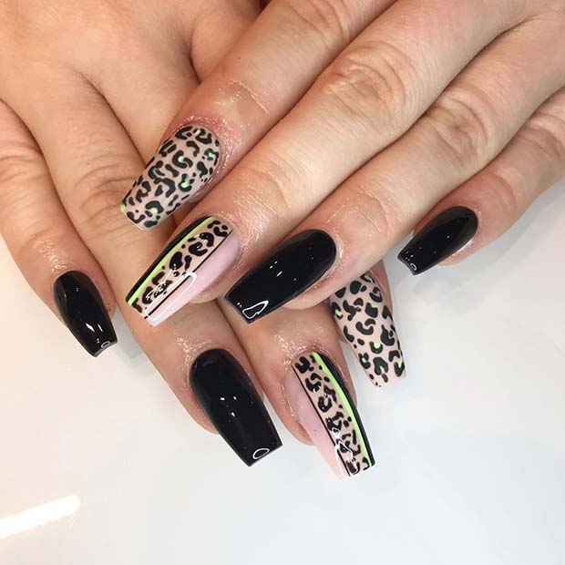 Creative Black Nail Art with Leopard Print