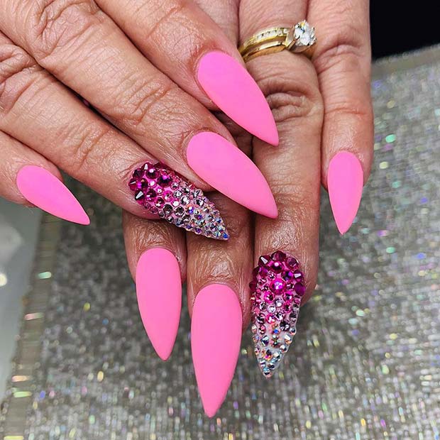 Cute Pink Nails with Rhinestones