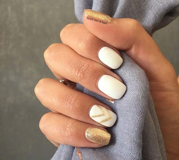 White and Gold Glitter Short Nails