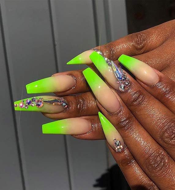 Green Ombre Nails with Rhinestones