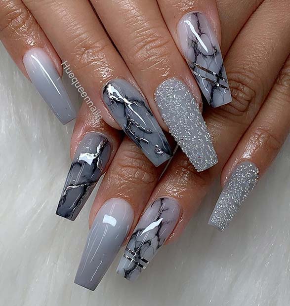 Grey Marble Coffin Nails