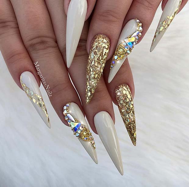 Long White Stiletto Nails with Gold Art