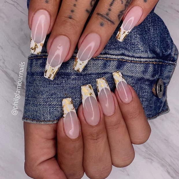 Nude Nails with White and Gold Tips
