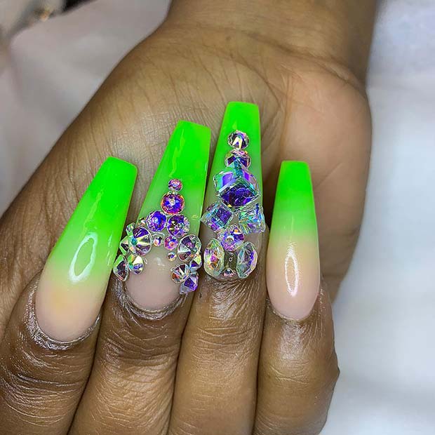 Ombre Green Nails with Diamonds
